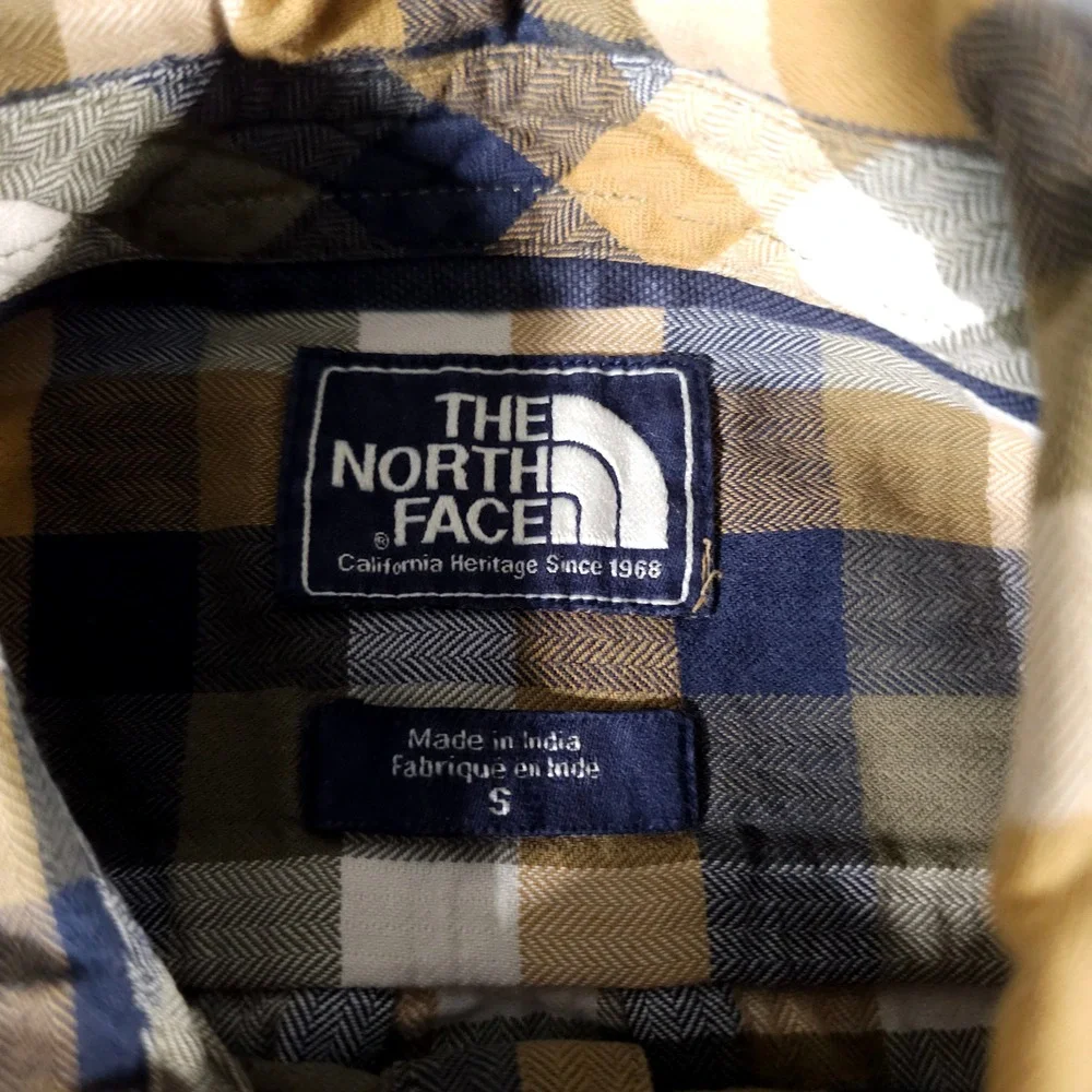 The North Face Button Down Mens S Blue Tan Plaid Cotton Long Sleeve Flannel